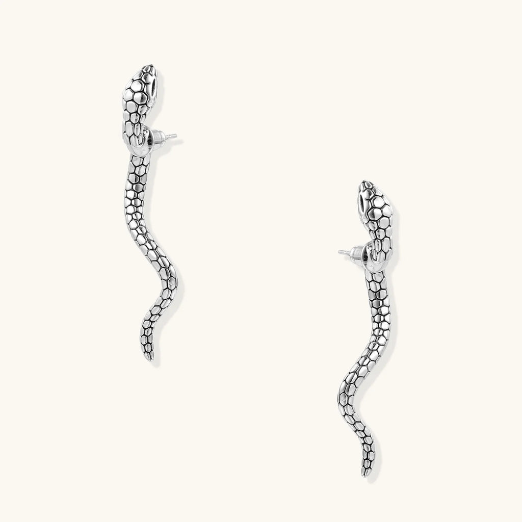 Silver-toned serpent-shaped dangle earrings with detailed scale texture curving in S-shape on beige background