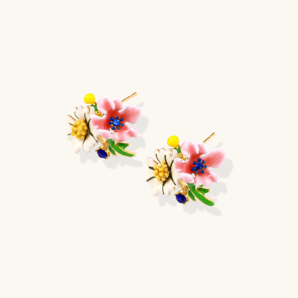 Colorful floral cluster stud earrings with pink blooms, white daisies, yellow accents on gold-plated brass base