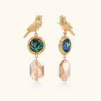 Gold-plated bird stud earrings with iridescent abalone shell medallions and champagne crystal drops on cream background