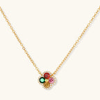 Gold-plated clover jewelry set with red, pink, green and champagne CZ stones surrounded by crystal borders