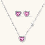 Pink heart-shaped cubic zirconia jewelry set with white gold plating featuring necklace, earrings, bracelet and ring