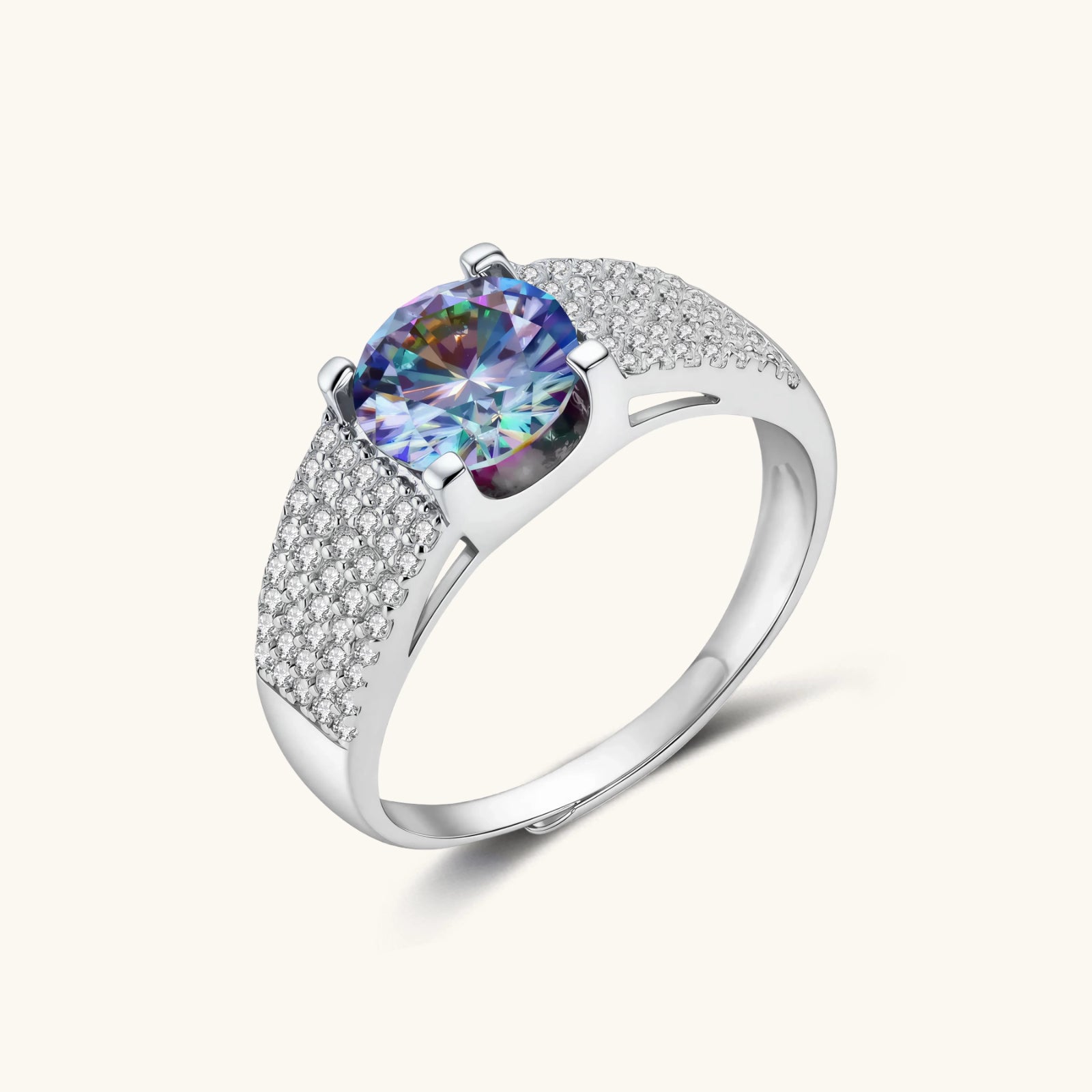 Sterling silver adjustable ring with brilliant round moissanite center stone and pavé diamond band showing rainbow fire