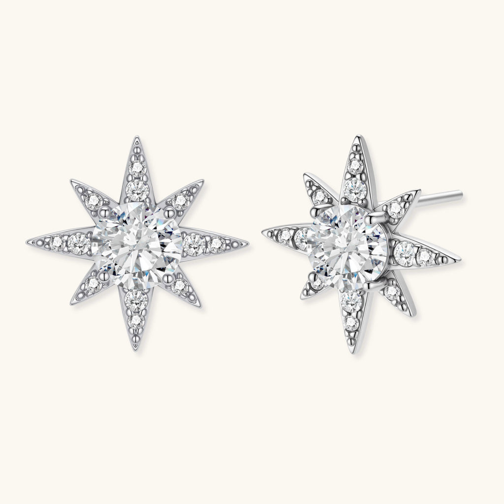 Sterling silver star-shaped stud earrings with brilliant moissanite center stones and pavé details on neutral background.