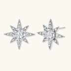 Sterling silver star-shaped stud earrings with brilliant moissanite center stones and pavé details on neutral background.