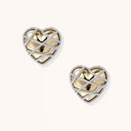 Heart-shaped stud earrings with intricate lattice design in 18K gold plated brass and silver-tone metal.
